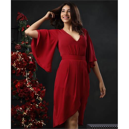 Vneck Sleeve Flared Shift Chiffon Dress