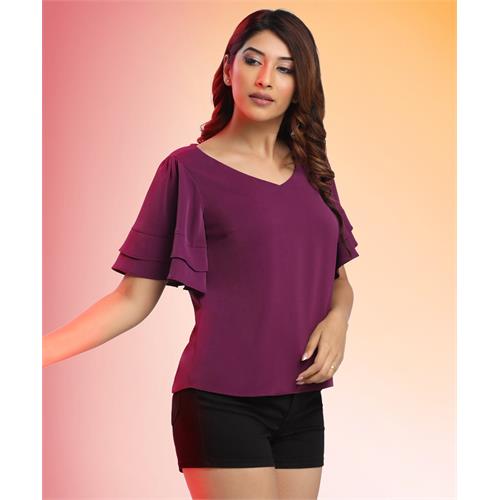 Vneck Sleeve Layered Purple Chiffon Top