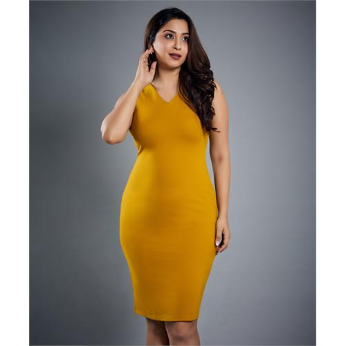 Vneck Sleeveless Bodycon Mustard Dress