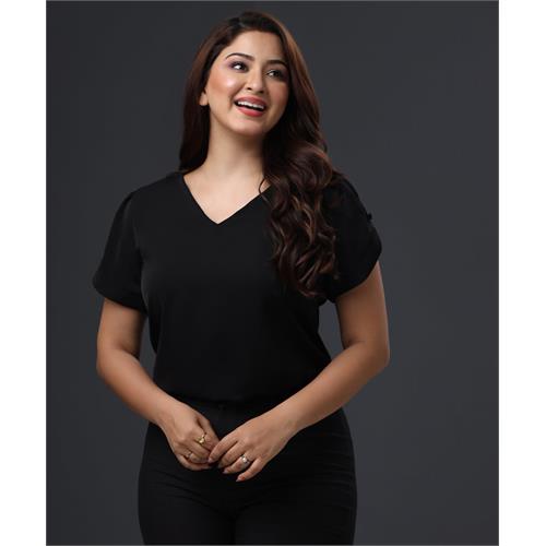 Vneck Sleeve Spilt Chiffon Black Top