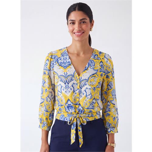 V Neck Yellow Printed Crop Top