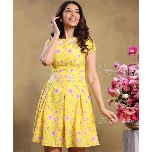 Waistless Short Sleeve Printed Yellow Dress