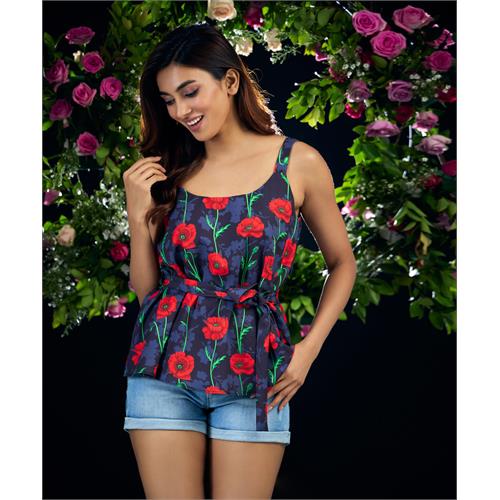 Waist Tie Chiffon Peplum Rose Top