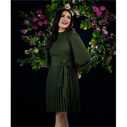 Waist Tie Green Pleated Dress