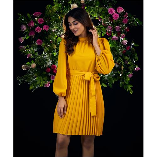 Waist Tie Yellow Pleated Dress