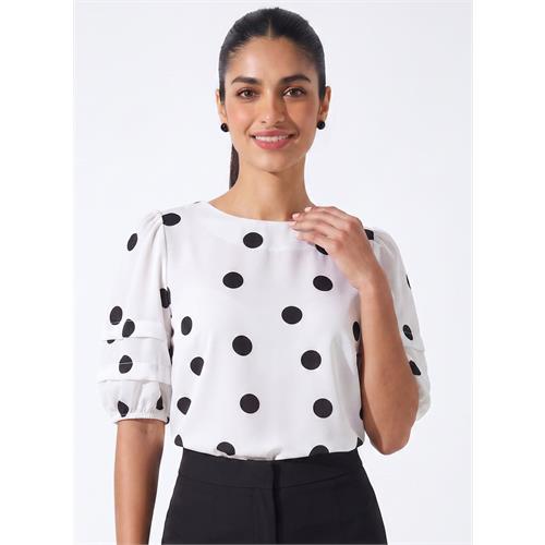White Polka Dot Sleeve Pleated Top