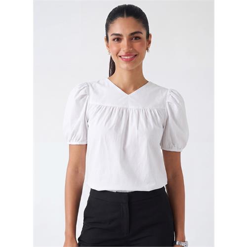 White Slight V Neck Cotton Top