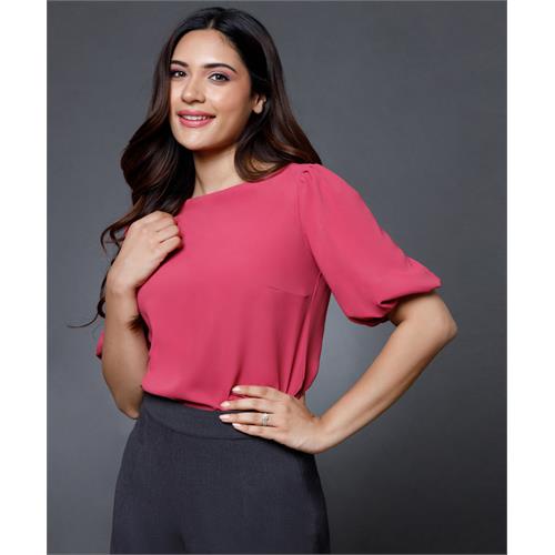 Wide Neck Solid Chiffons Formal Top- Pink