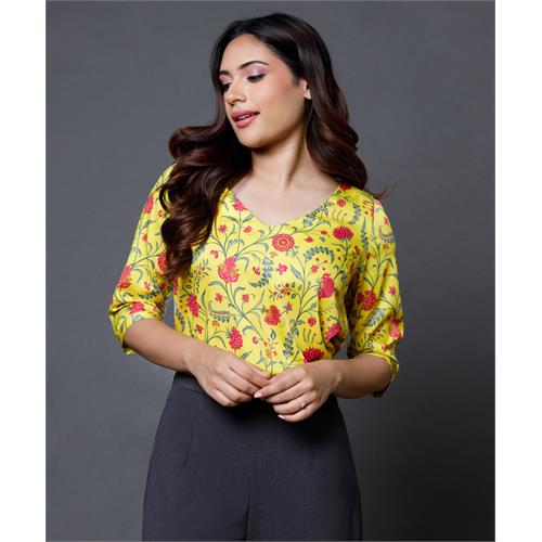 Yellow Printed Half Sleeve Vneck Top