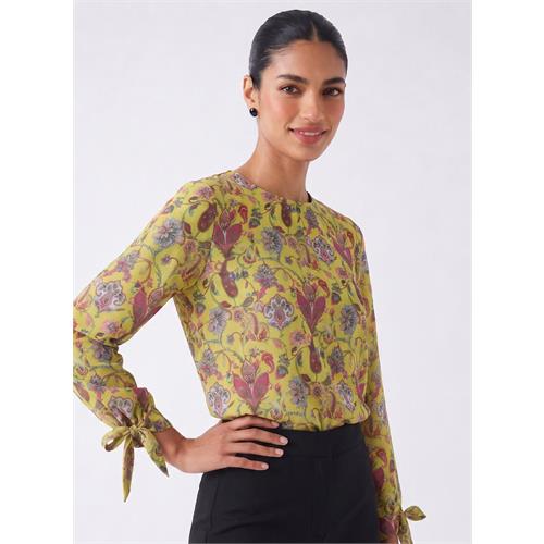 Yellow Printed Long Sleeve Tie Up Top