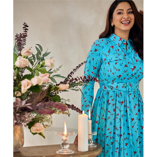 Aurora Floral Long Sleeve Blue Dress