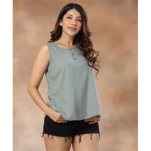 Basic Sleeveless Buttoned Laurel Green Top