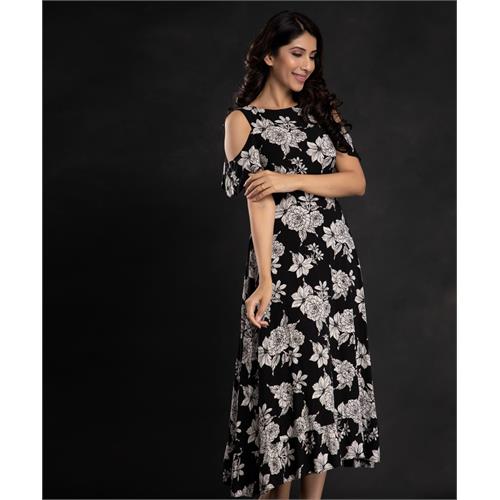 Black White Floral Printed Viscose Dress