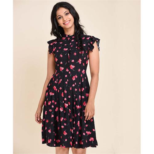 Black Base Micro Floral Frilled Sleeve Dress