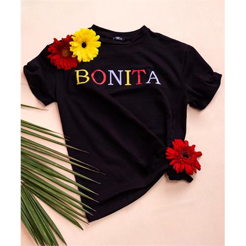 Black Bonita Printed Turn Up Sleeve T-Shirt