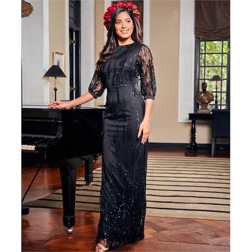 Black Half Sleeve Embelished Maxi Dress