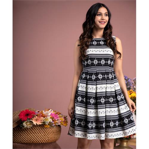 Black N White Line Design Pleat Dress