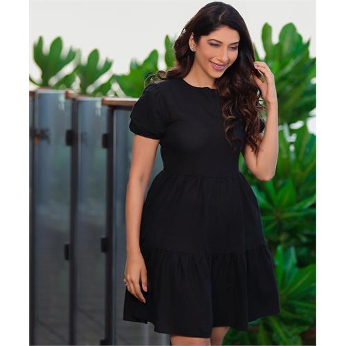 Black Puffed Sleeve Mini Dress