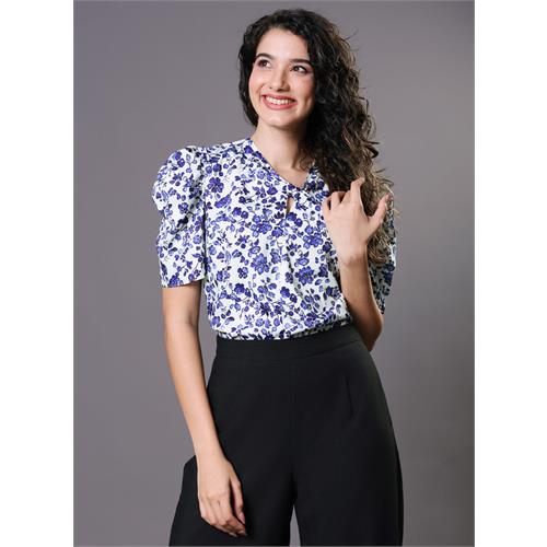 Blue Floral Printed Front Knot Top