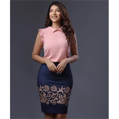 Blue Scuba Border Printed Bodycon Skirt