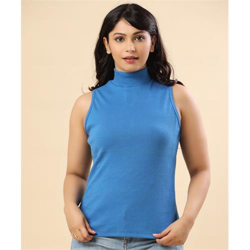 Blue Sleeveless High Neck Rib Tshirt