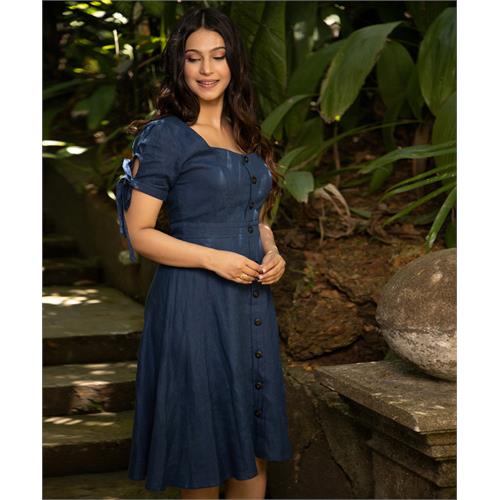 Blue Square Neck Front Button Linen Dress