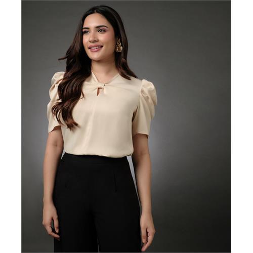 Bow Attached Sleeve Gathered Beige Satin Top