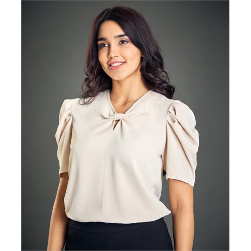 Bow Notch Sleeve Detailed Cream Top