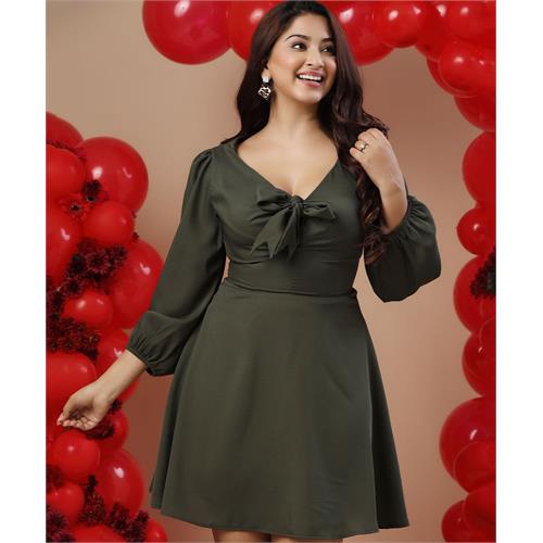 Bow Tie Deep Vneck Green Dress