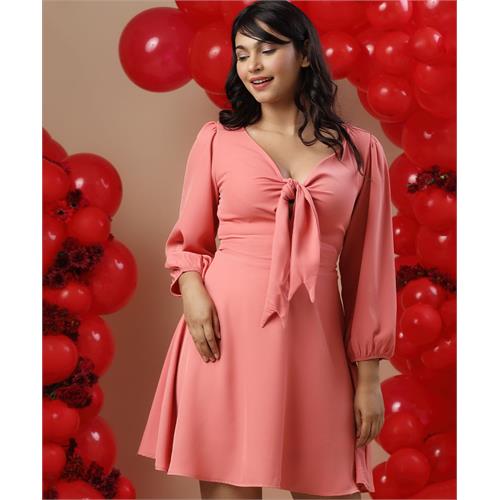 Bow Tie Deep Vneck Pink Dress