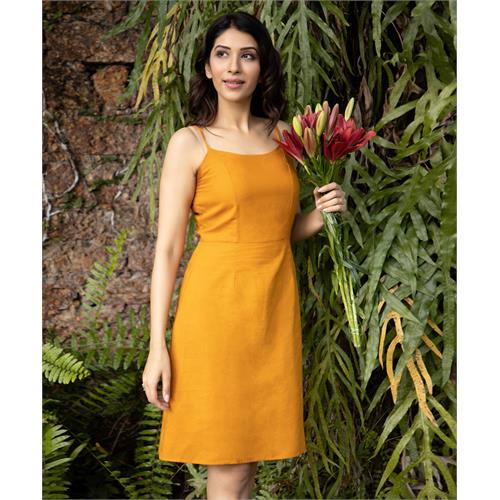 Deep Saffron Strappy Linen Shift Dress