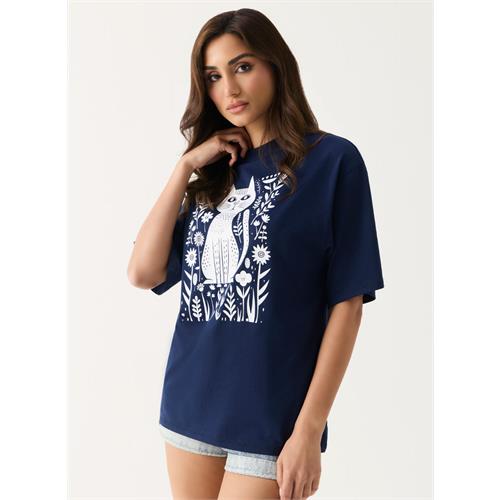 Floral Cat Printed Oversized T-shirt