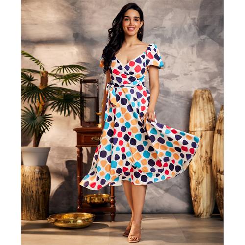 Floral Painting Wrap White Dress