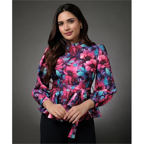 Floral Peplum Top With Puffed Sleeve