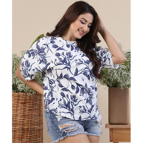 Floral Print Batwing Sleeve White Blouse