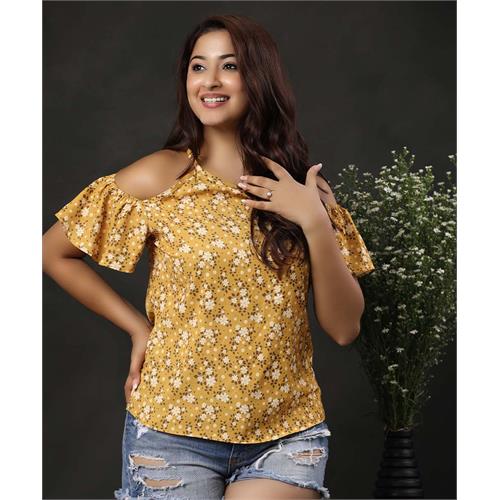 Floral Print Cold Shoulder Mustard Blouse