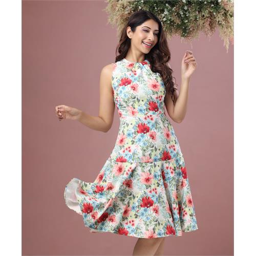 Floral Printed Neck Gathered Dress