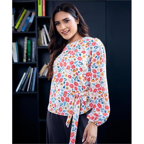 Floral Printed Waist Tie Chiffon Top