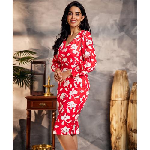 Floral Print Front Button Red Dress