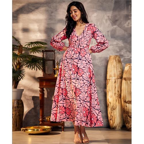 Floral Print Lantern Sleeve Pink Dress