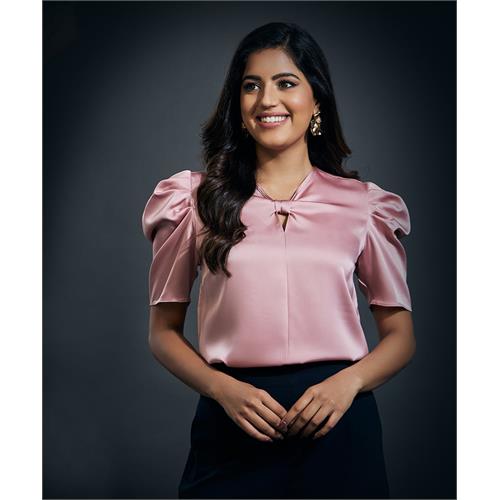Front Bow Attached Pink Satin Top- Pink