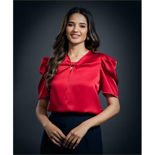 Front Bow Attached Pink Satin Top-Red