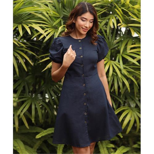 Front Buttoned Balloon Sleeve Linen Dress