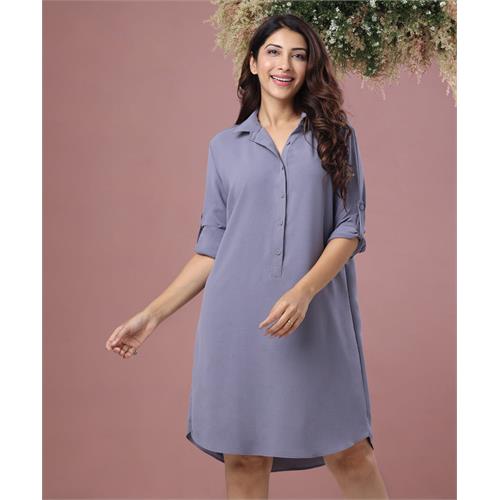 Front Buttoned Long Sleeve Grey Dress