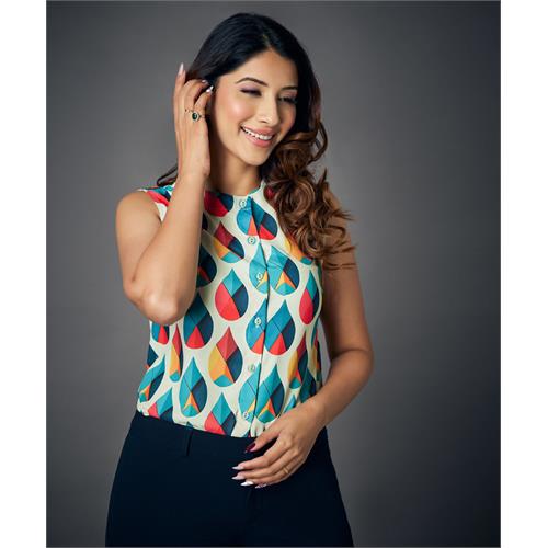 Front Button Sleeveless Printed Blouse