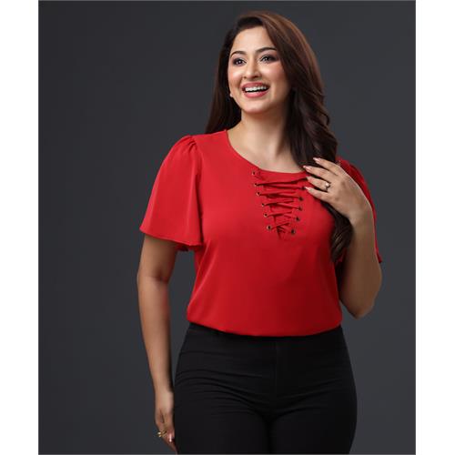 Front Criss Cross Chiffon Red Top