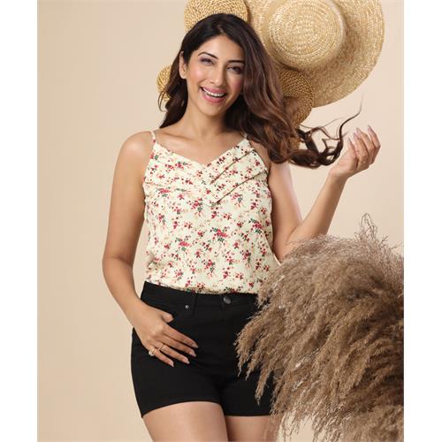 Front Detailed Printed Cream Cami Top