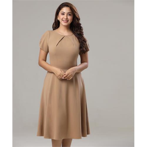 Front Neck Pleated Skater Beige Dress