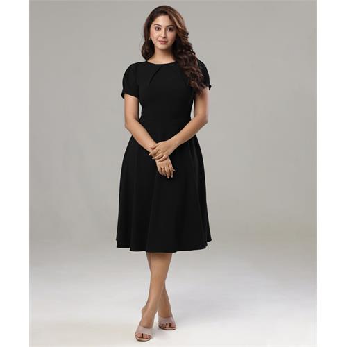 Front Neck Pleated Skater Black Dress