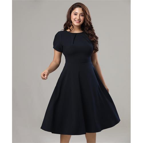 Front Neck Pleated Skater Navy Dress